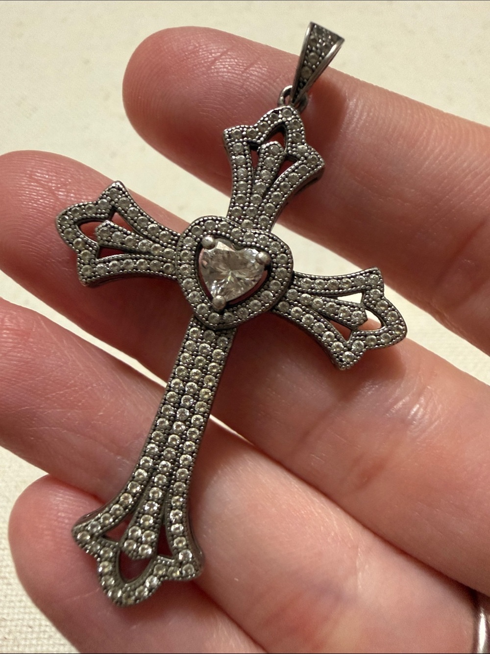 Elegant Sterling Silver 925 Crystal Cross Pendant with Heart Accent